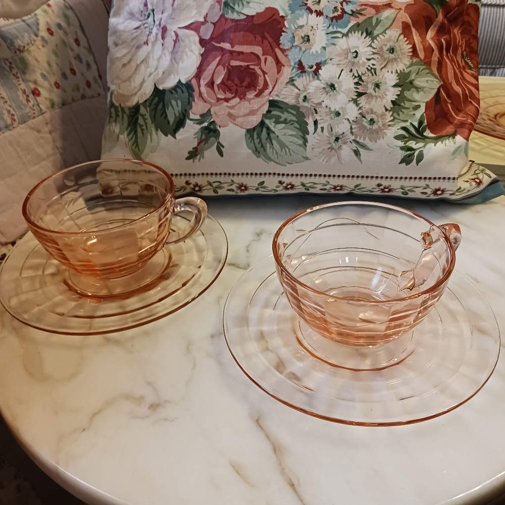 Two Etched Rare Block Optic Teacups And Saucers, 1920s Pink Glass